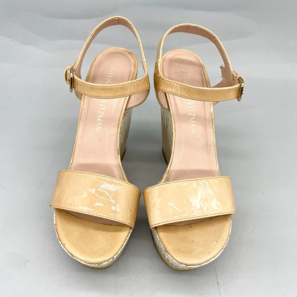 Stuart Weitzman Womens 8M Single Sky Cork Wedge Tan Patent Leather Heels Boho - Picture 3 of 12
